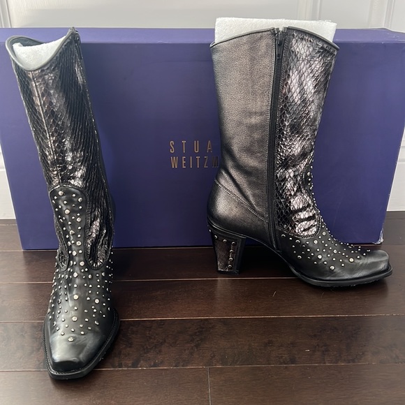 NIB Stuart Weitzman “Hillbilly” pewter metallic croc Leather studded Cowboy Boot - Picture 3 of 16